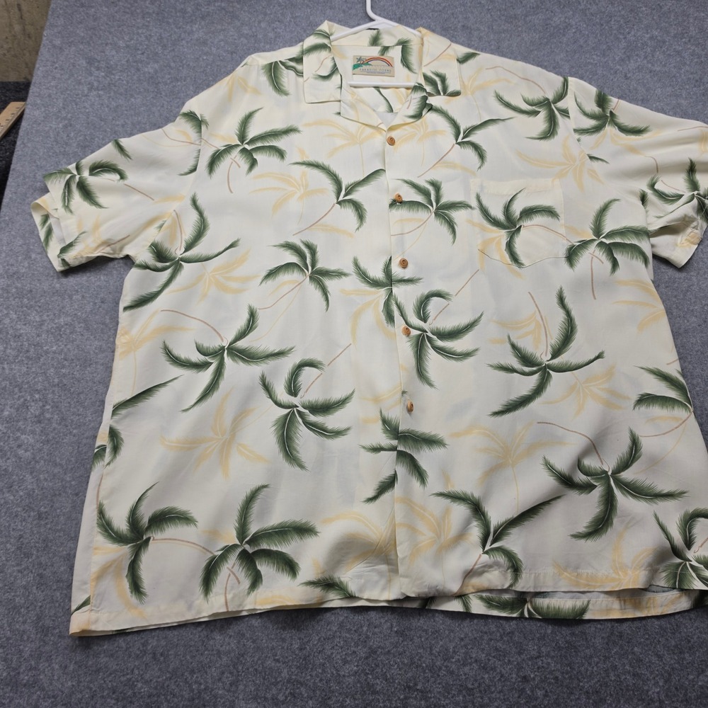 Paradise Found Mens Hawaiian Shirt Cream Green Palm Tree Button Down XL